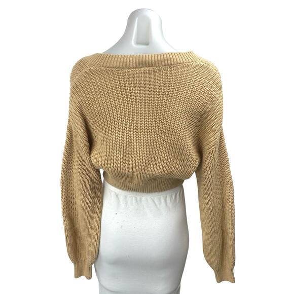 H&M Tan Khaki Long Sleeve V Neck Button Down Cropped Cardigan Sweater Top XS - Picture 2 of 4